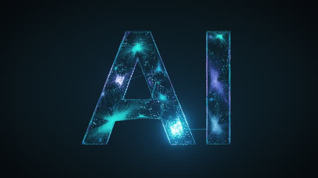 AI Logo Emerging From A Complex Network - Artificial Intelligence, Machine Learning, Neural Network, Digital Connections - Dark Blue Version