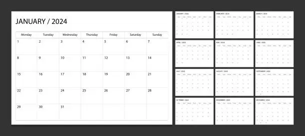 Vector illustration of Calendar 2024 week start Monday corporate design planner template. Calendar planner 2024.