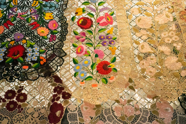 Traditional Hungarian embroidery and lace for sale in a Budapest market.