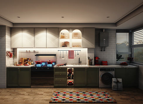 Digitally generated cozy Nordic style domestic kitchen interior design at dusk/dawn.

The scene was created in Autodesk® 3ds Max 2024 with V-Ray 6 and rendered with photorealistic shaders and lighting in Chaos® Vantage with some post-production added.