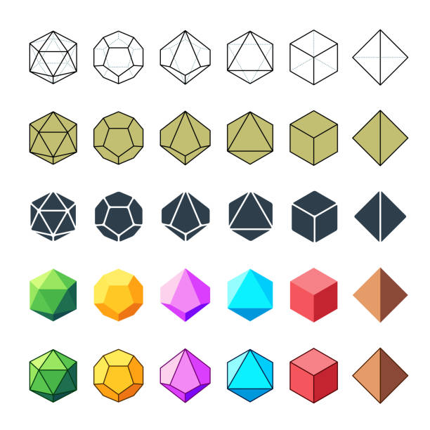 isometrische d4-, d6-, d8-, d10-, d12- und d20-würfelsymbole für brettspiele - the polyhedron stock-grafiken, -clipart, -cartoons und -symbole