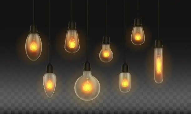 Vector illustration of Vector Decorative Filament Light Bulbs in Different Shapes on Transparent Background