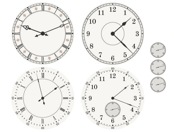 illustrazioni stock, clip art, cartoni animati e icone di tendenza di quadranti rotondi vintage di orologi e piccoli quadranti cronometro per loro - clock clock face clock hand isolated