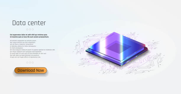 Futuristic microchip processor with lights on the blue background. Quantum computer, computer Futuristic microchip processor with lights on the blue background. Quantum computer, computer processor with digital chip and electronic components on motherboard or printed circuit board. processor stock illustrations