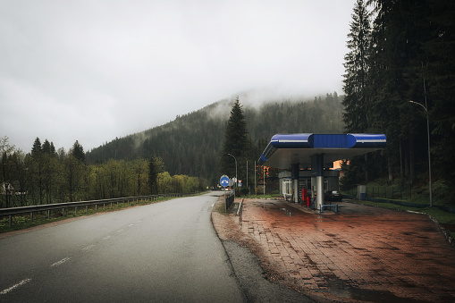 gas station in the mountains of Ukraine. Rural gas station in the Ukrainian Carpathians.