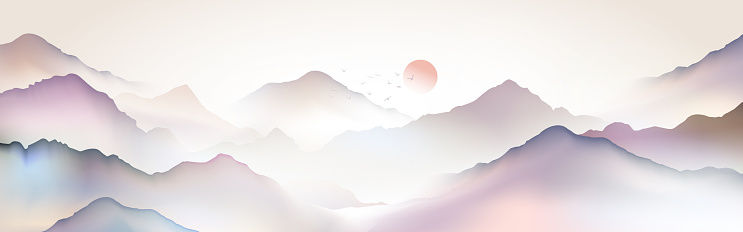 Foggy mountains landscape. Scenery with slopes, misty clouds and sunset. Chinese color ink painting panorama. Oriental traditions of sumi e, u sin, go hua drawing. Cartoon flat vector illustration