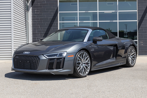 Indianapolis - Circa May 2023: Audi R8 display at a dealership. Audi offers the R8 in convertible or coupe models.