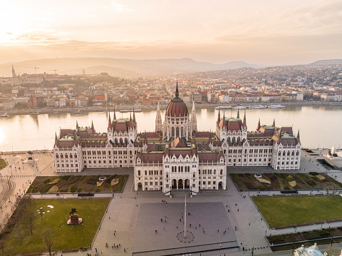 Hungarian Parliament Building and Danube River in Budapest Cityscape Stunning View from a Drone Point of View