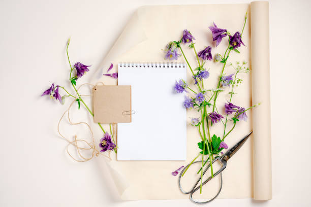 istock Aquilegia flowers, notebook blank mockup, top view, copy space. 1494366169