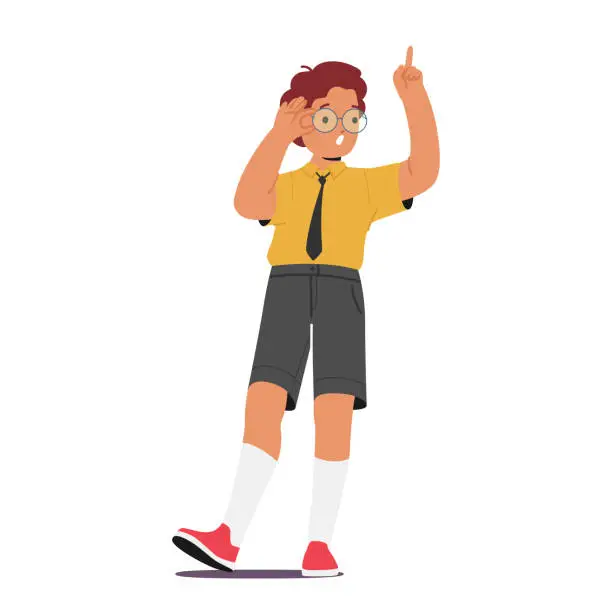 Vector illustration of Smart School Boy With Glasses Confidently Points With His Finger, Showcasing His Intelligence And Curiosity
