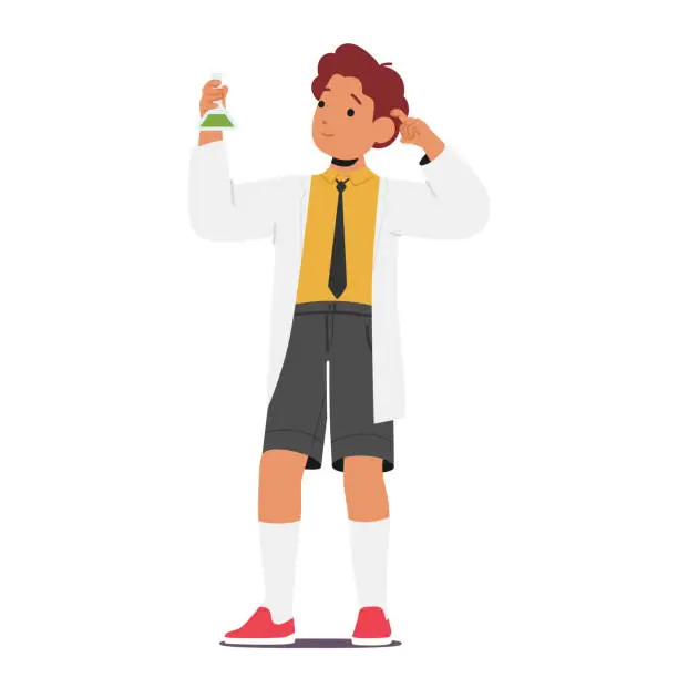 Vector illustration of Curious Schoolboy Character Hold Chemical Flask Exploring Wonders Of Science And Discovery. Eager To Learn Chemistry