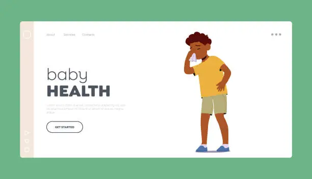 Vector illustration of Baby Health Landing Page Template. Child Character Sneeze And Cough. Nasal Congestion, Runny Nose, Occasional Fever