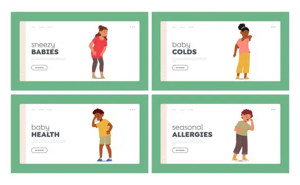 Vector illustration of Childhood Diseases Landing Page Template Set. Sneezing And Coughing Kids. Characters With Infection Illness Symptoms