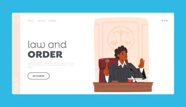 Vector illustration of Law and Order Landing Page Template. Experienced, Fair, And Authoritative Female Judge Character, Bringing Wisdom