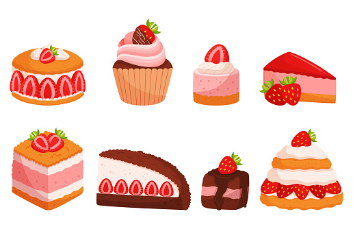 Strawberry Desserts, Bursting With Sweet And Tangy Flavors. Cake, Muffin, Tart or Cupcake, Creamy Cheesecake, And Refreshing Parfaits For Delightful And Fruity Experience. Cartoon Vector Illustration