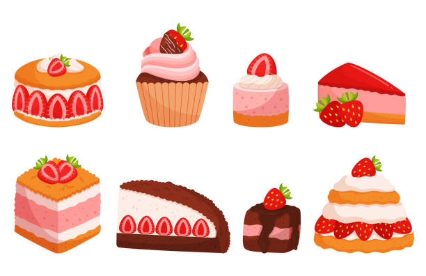 Strawberry Desserts, Bursting With Sweet And Tangy Flavors. Cake, Muffin, Tart Or Cupcake, Creamy Cheesecake Strawberry Desserts, Bursting With Sweet And Tangy Flavors. Cake, Muffin, Tart or Cupcake, Creamy Cheesecake, And Refreshing Parfaits For Delightful And Fruity Experience. Cartoon Vector Illustration tangy stock illustrations