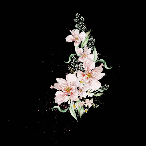 illustrazioni stock, clip art, cartoni animati e icone di tendenza di bouquet ad acquerello con fiori e foglie di rose. - 7096