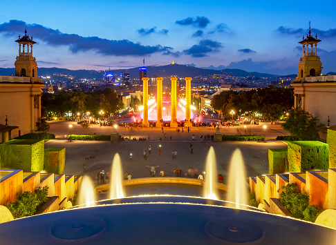 Magic fountain show in Montjuic hill, Barcelona, Spain