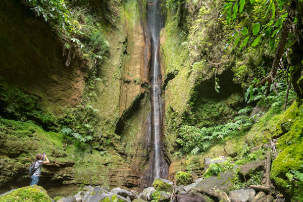 One men at Ribeira Quente waterfall, Azores One young men at Ribeira Quente Waterfall on São Miguel, the Azores madalena stock pictures, royalty-free photos & images