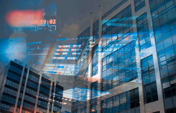 istock Business CGI graph overlay on office building 1494382315