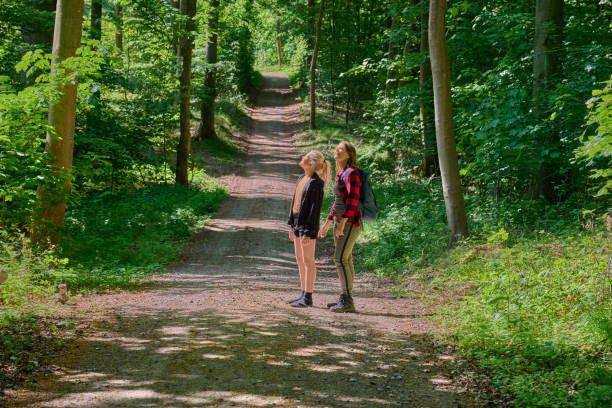 Enjoying forest nature. Two people standing on dirt road in springtime