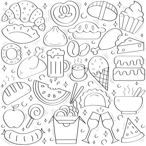 rysunek ręczny żywności wzór tła projektowanie wektorowe. - donut sugar white background food and drink stock illustrations