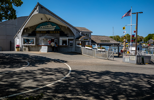 View of the ticket counter and departure area of the Island Queen ferry in Falmouth, MA on Cape Cod.  The Island Queen transports passengers from Falmouth, MA to Oaks Bluff on Martha's Vineyard, MA.