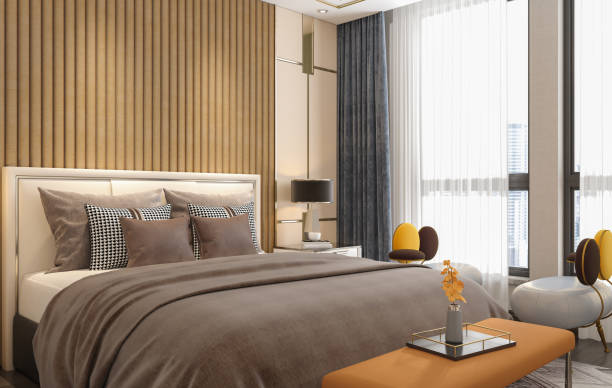 istock Luxury Hotel Bedroom Interior  With Cityscape 1494393237