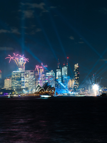 Sydney, Australia - May 26, 2023: Fireworks on Sydney Harbour for Vivid Sydney opening night.