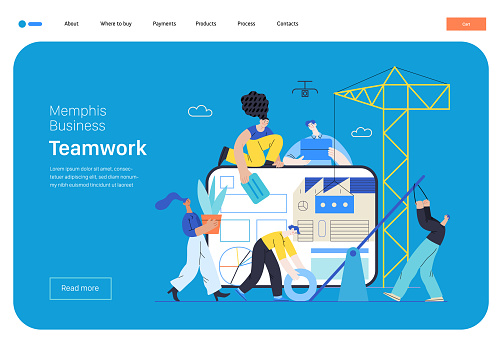 Memphis business illustration. Teamwork -modern flat vector concept illustration of people working together, building a company website, collaboration concept. Commerce business sales metaphor.