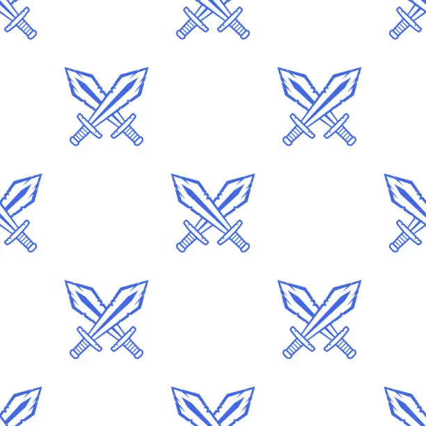 Vector illustration of Blue crossed swords isolated on white background. Cute monochrome seamless pattern. Vector simple flat graphic illustration. Texture.