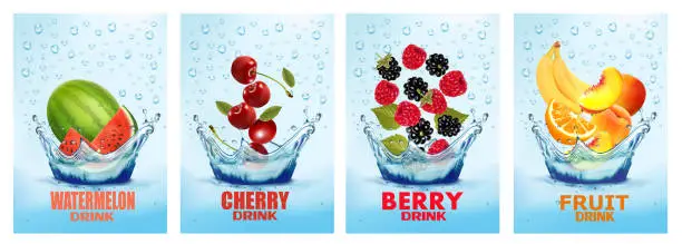 Vector illustration of Set of labels with fruit and vegetables drink. Fresh fruits juice splashing together- peach, watermelon, cherry, raspberry, blackberry in water drink splashing. 3d fresh fruits. Vector illustration.