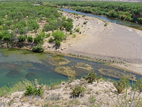 A sharp bend in the Rio Grand River near Boquillas Mexico from above.