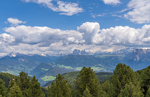 Ritten, Dolomites, May 2023: Panoramic Dolomites Landscape with Langkofel and Seiser Alm