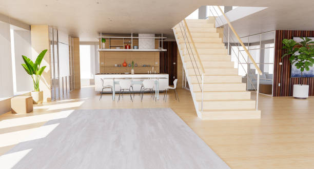 istock Internal view of an open space with big windows, large size, modern and contemporary style. Kitchen interior furniture. Luxury houses. Living room 1494407400
