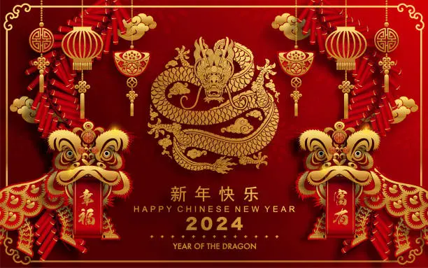 Vector illustration of Happy chinese new year 2024 the dragon zodiac sign with flower,lantern,asian elements blue porcelain style on color background. ( Translation : happy new year 2024 year of the dragon )