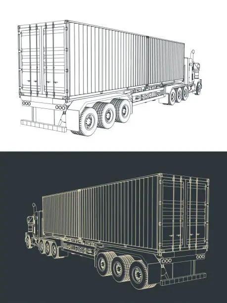 Vector illustration of Container tractor trailer truck drawings