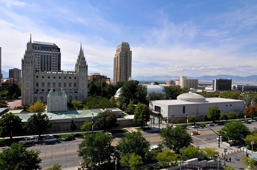 Salt Lake City- UT, USA- September 11, 2011:  Salt Lake City is the capital of Utah and the center of Mormonism. Here is the panorama of Temple Square, Salt Lake City.