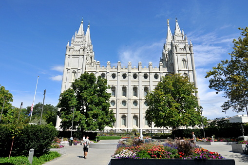 Salt Lake City- UT, USA- September 11, 2011:  Salt Lake City is the capital of Utah and the center of Mormonism. Here is the Salt Lake Temple,  the biggest temple for Mormonism, also the landmark of Utah.