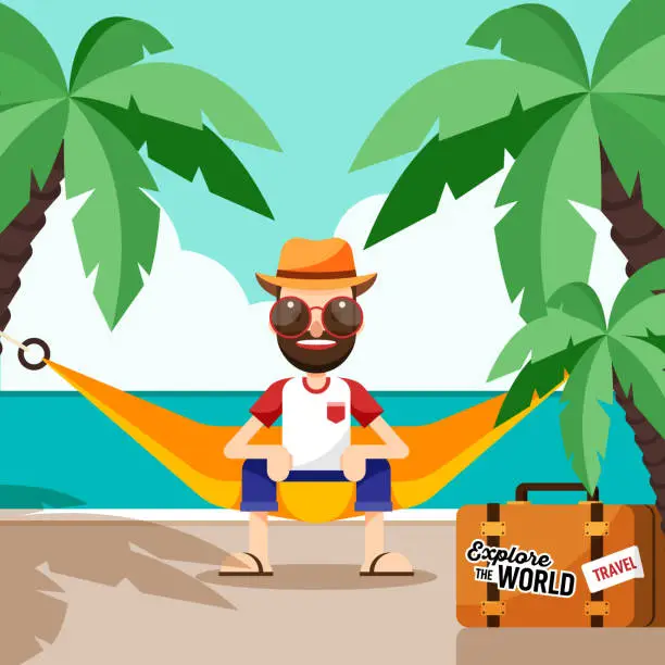 Vector illustration of Happy holiday travel around the world concept in summer time with tourist sitting on beach hammock