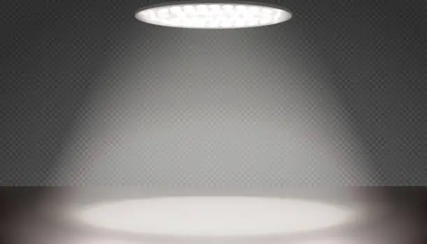 Vector illustration of Led full spectrum round phytolamp for indoor plant growing above countertop