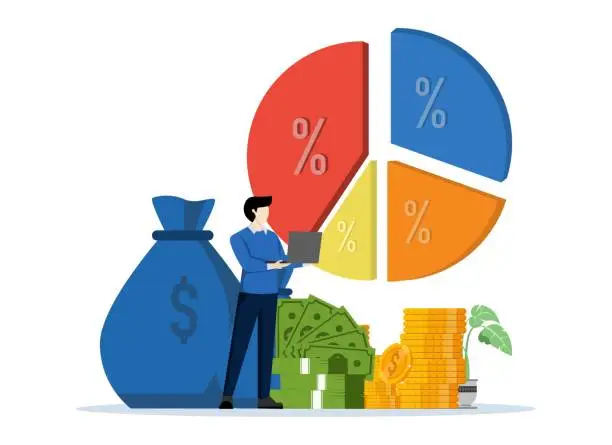 Vector illustration of Financial statements. Adjusting the portfolio from raising interest rates from the federal government or FED. Review investment portfolios. Inflation, stock market, funds, cryptocurrencies.