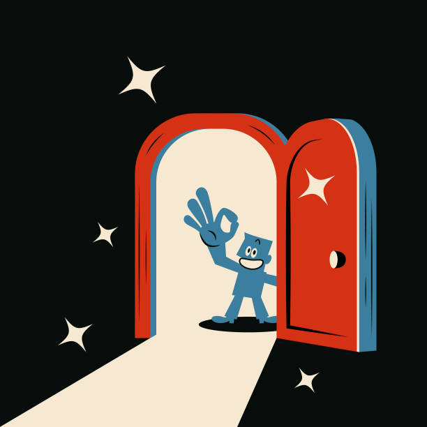 Un hombre azul sonriente abre la puerta y levanta la mano para dar un gesto de OK, No hay problema - ilustración de arte vectorial