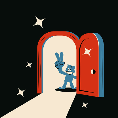 Blue Cartoon Characters Design Vector Art Illustration.
A smiling blue man opens the door and raises his hand in a victory gesture.