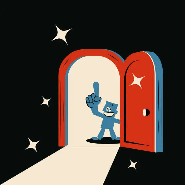 Vector illustration of A smiling blue man opens the door and raises his hand to point upwards