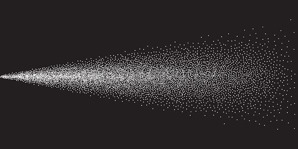 Spray of black dots vector illustration. Abstract dust particles or water droplets explosion from sprayer gun, stream with mist aerosol texture, spread of grainy diffusion of steam, fog or gas in air.