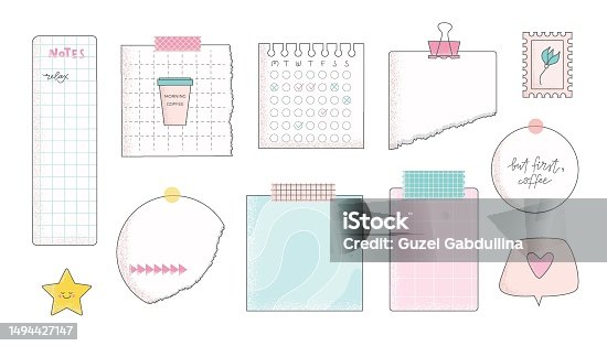 istock Set of paper notes, schedule, to-do list, planner, memories vector illustrations. Cute memo template for stickers. 1494427147