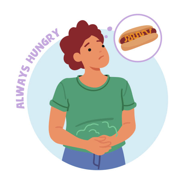 Female Character Feel Constant Hunger Is Common Symptom Of Diabetes. Cartoon Vector Illustration Female Character Feel Constant Hunger Is Common Symptom Of Diabetes. This Insatiable Appetite Is Often Accompanied By Other Signs Such As Excessive Thirst And Weight Loss. Cartoon Vector Illustration hungry stock illustrations
