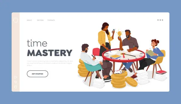 Vector illustration of Time Mastery Landing Page Template. Efficient Time Management Concept with Business Team Working On Huge Clock Table
