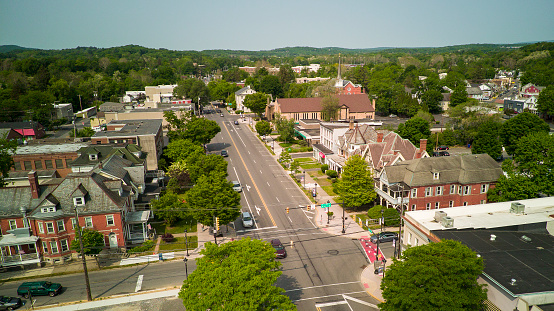 Main Street of Downtown district in Stroudsburg, Monroe County in Pennsylvania. Aerial view